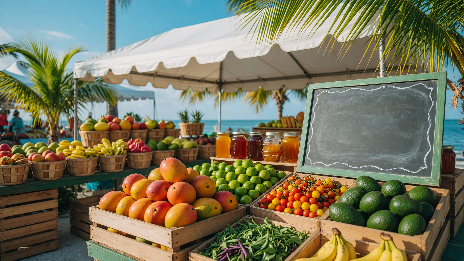 Outdoor farmers market stall under a white canopy with wooden crates of ripe mangoes, key limes, tomatoes, avocados, and fresh greens, plus woven baskets of tropical fruit and jars of honey against a backdrop of palm trees and a blue Florida Keys sky