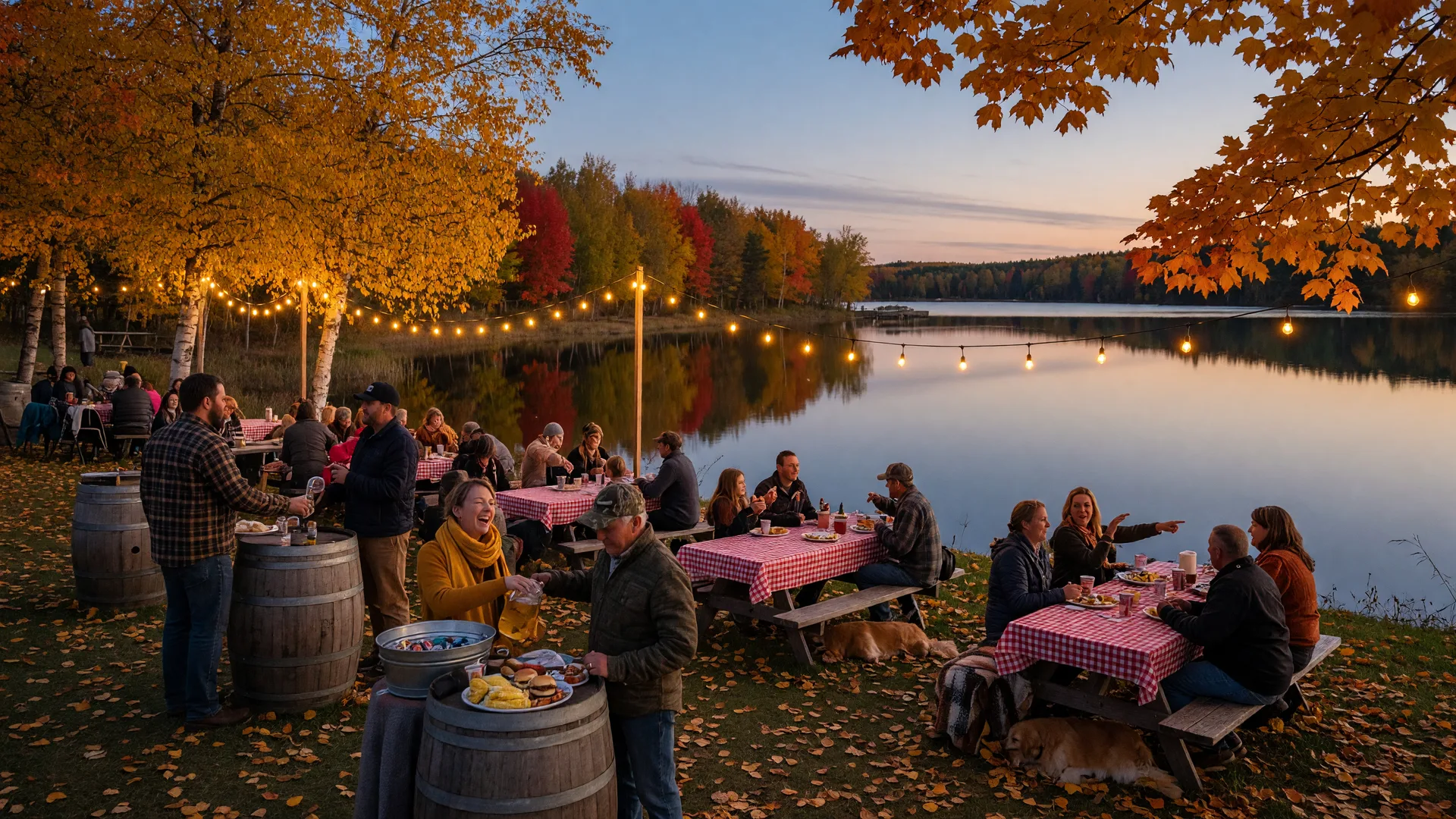 An autumn lakeside gathering with string lights and picnic tables beside a calm lake in Lake Shore, Minnesota