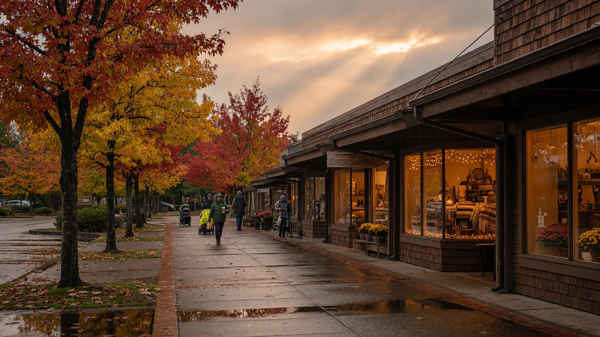 A Pacific Northwest village shopping plaza on an autumn morning: golden maples lining the walkway, warm storefront lights and a light rain sheen on the pavement