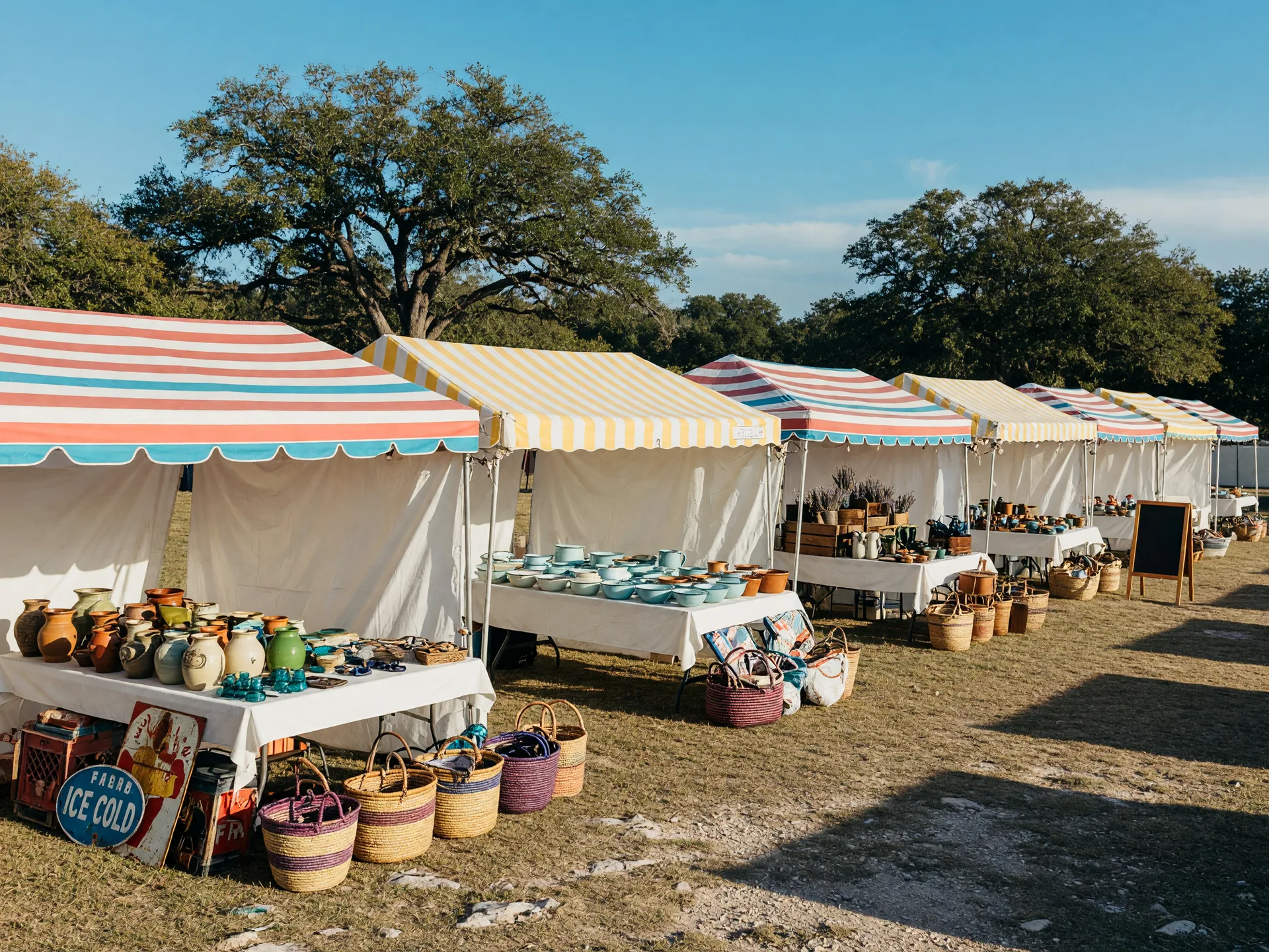 White vendor tents and craft stalls at Wimberley Market Days on a sunny morning
