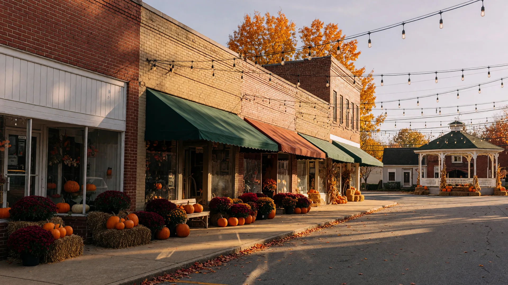 A Northeast Georgia small-town main street dressed for fall festival season with pumpkins, mums, hay bales, and strings of warm lights