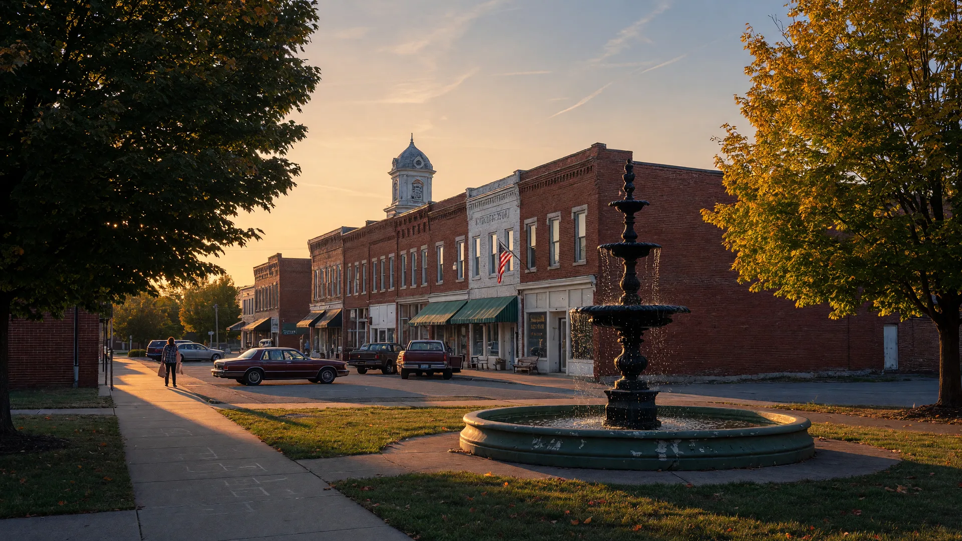 A historic small-town Kentucky square at golden hour with brick storefronts and a central fountain