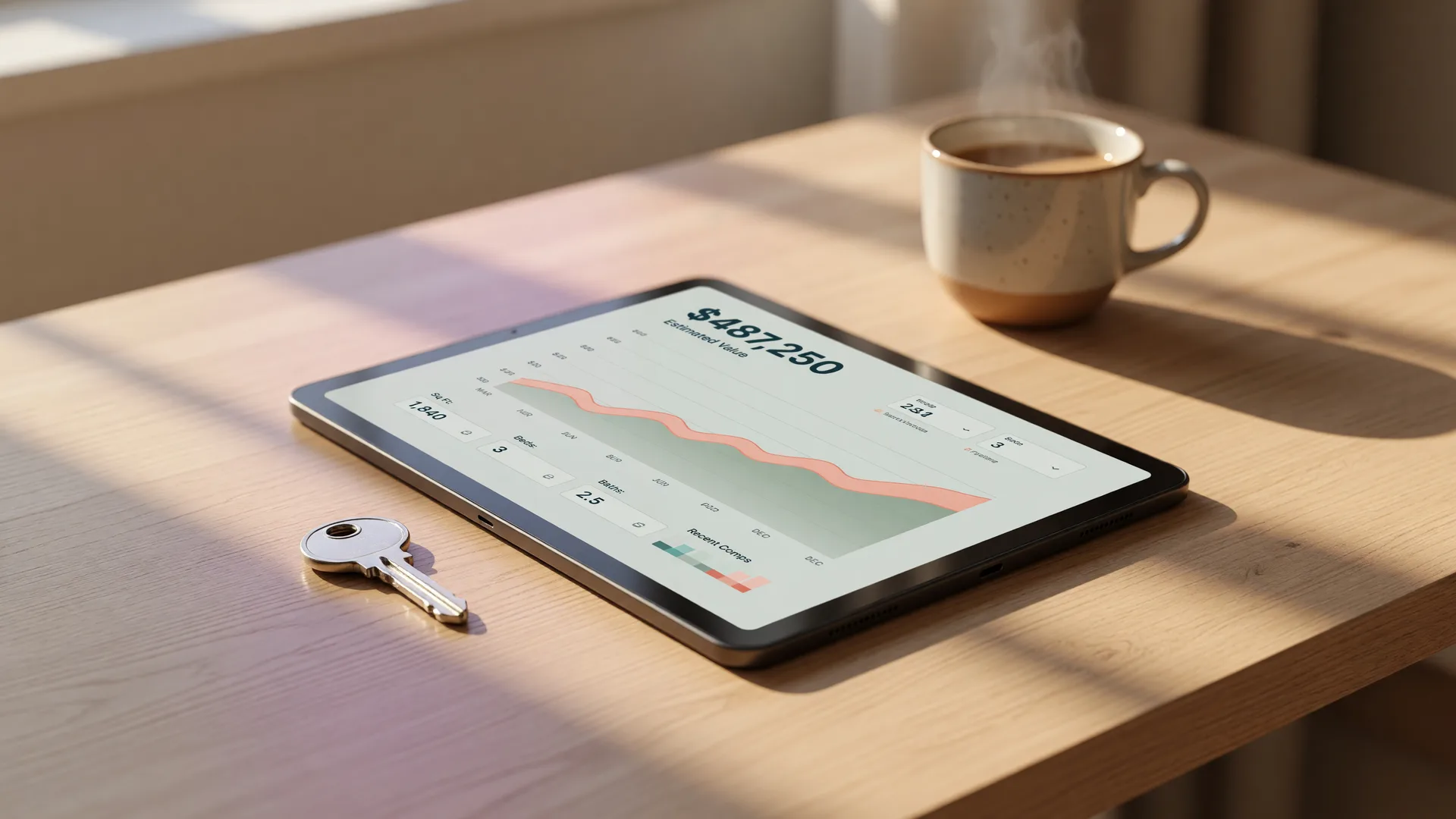 Tablet displaying a property valuation calculator with a price chart and house key on a modern desk