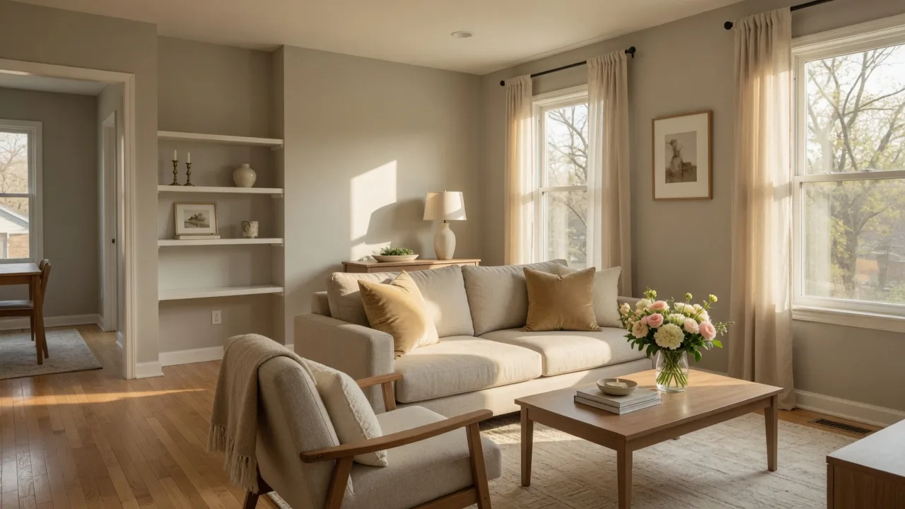 Bright, move-in-ready staged living room in a Kansas City home with neutral paint, warm wood tones, and fresh flowers ready to show buyers