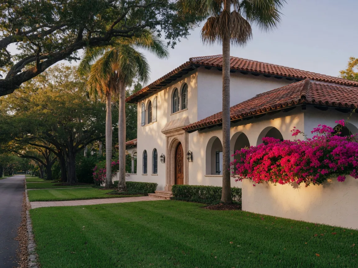 Mediterranean revival home with clay tile roof in Coral Gables