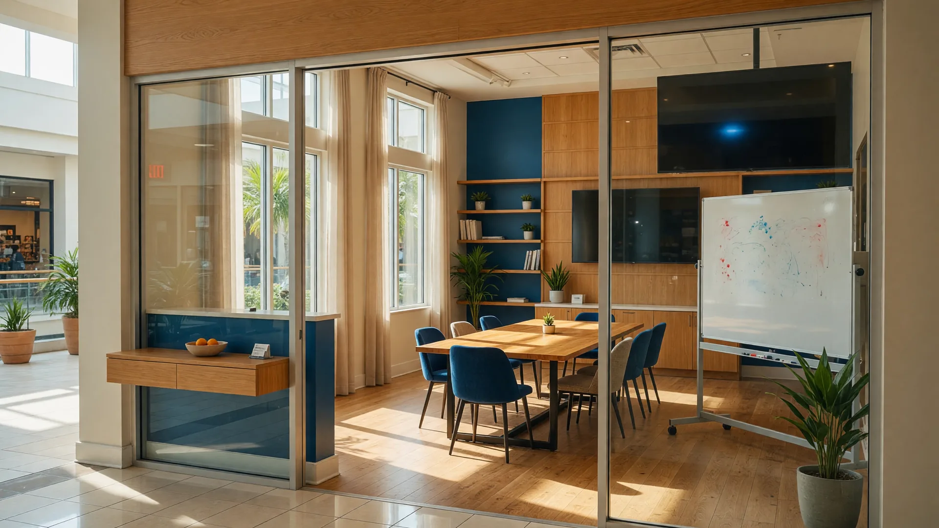 Bright small-business support hub inside a Fort Myers shopping mall with a glass storefront, long wooden meeting table, whiteboard, and warm wood with deep ocean blue accents