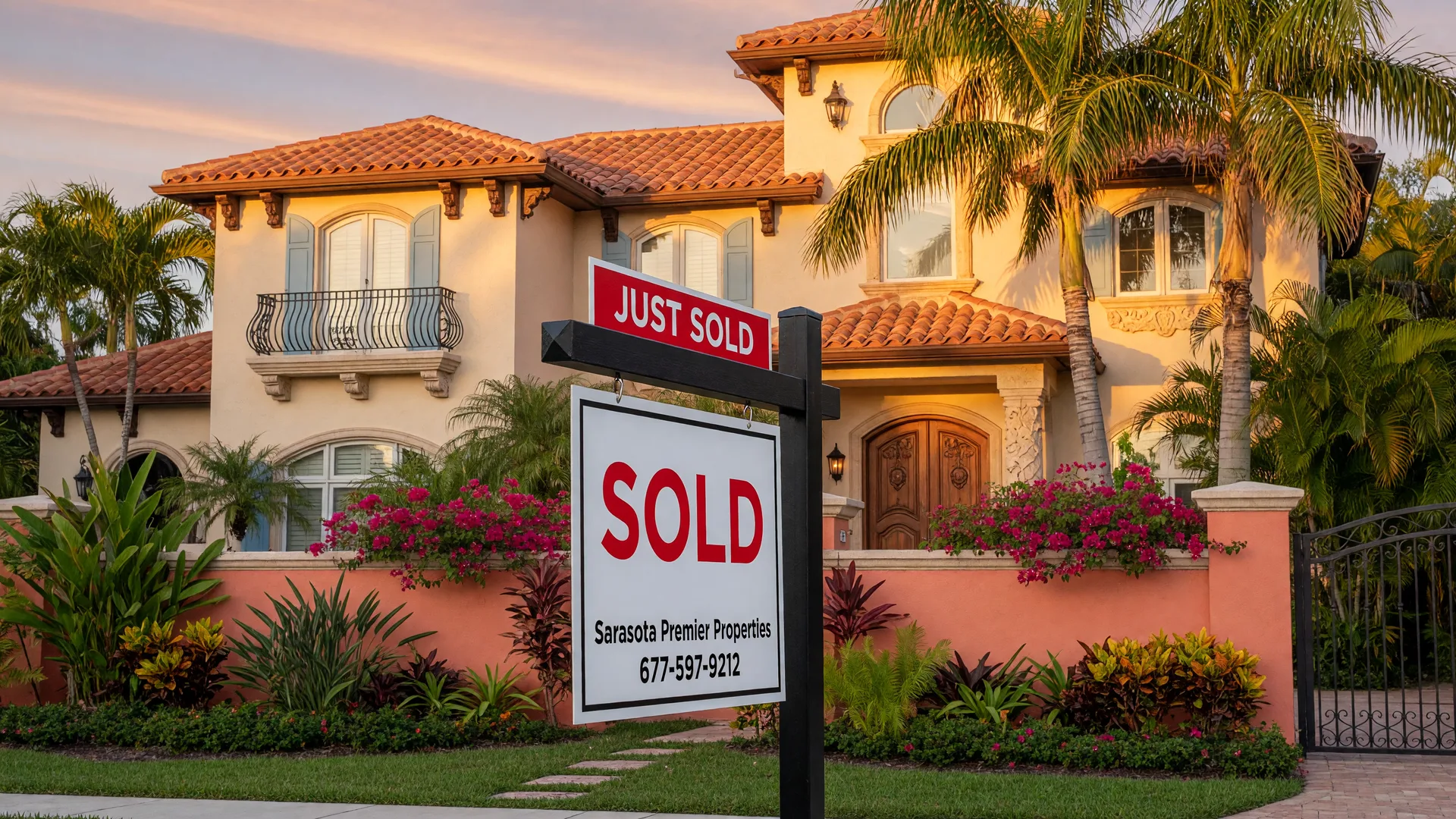 Sold sign in front of a Mediterranean-style home in Sarasota, Florida