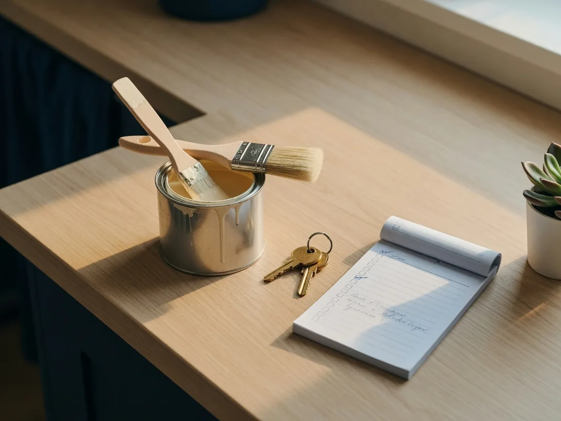 A small can of warm cream paint with a paintbrush, brass house keys, and a folded checklist notepad on a light-oak kitchen counter in soft morning light, representing seller-completed updates before a first-time buyer closing