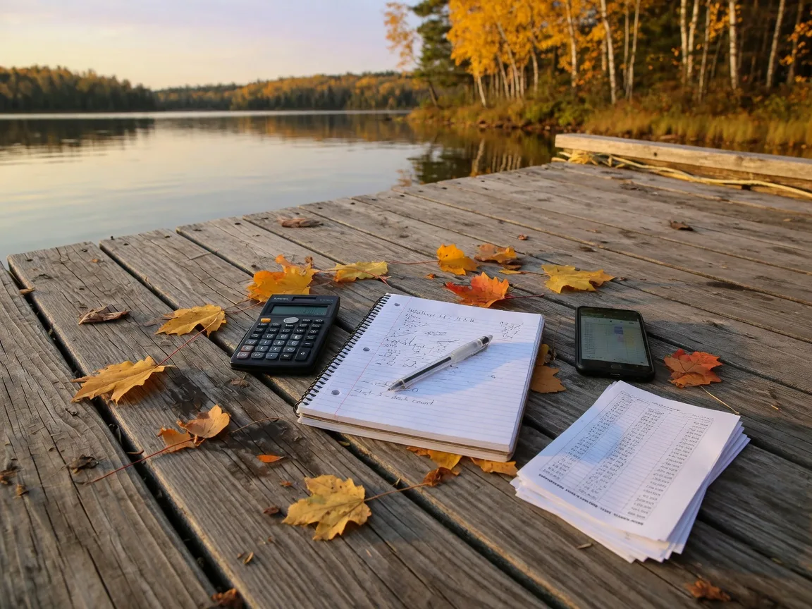 An overhead view of a weathered wooden dock table at a central Minnesota lake in early fall with a calculator, a spiral notebook of handwritten lead tally notes, a pen, and a phone, golden leaves and still water blurred behind