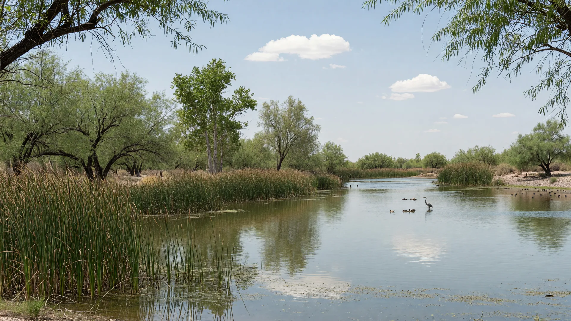 Boardwalk through the Riparian Preserve wetland with birds and golden light in Gilbert