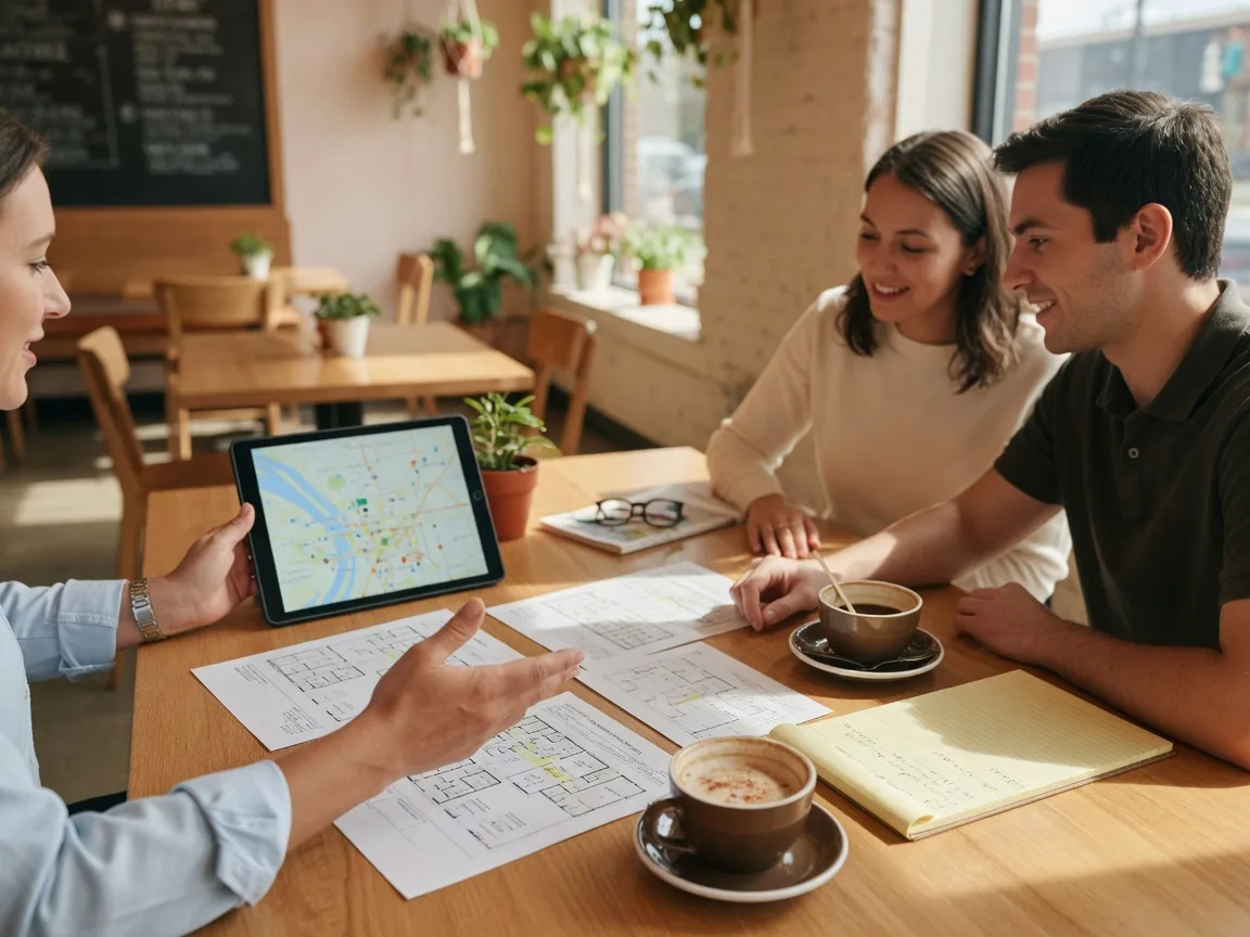 Real estate consultation conversation between an advisor and a couple reviewing a Kansas City area map on a tablet in a light-filled coffee shop