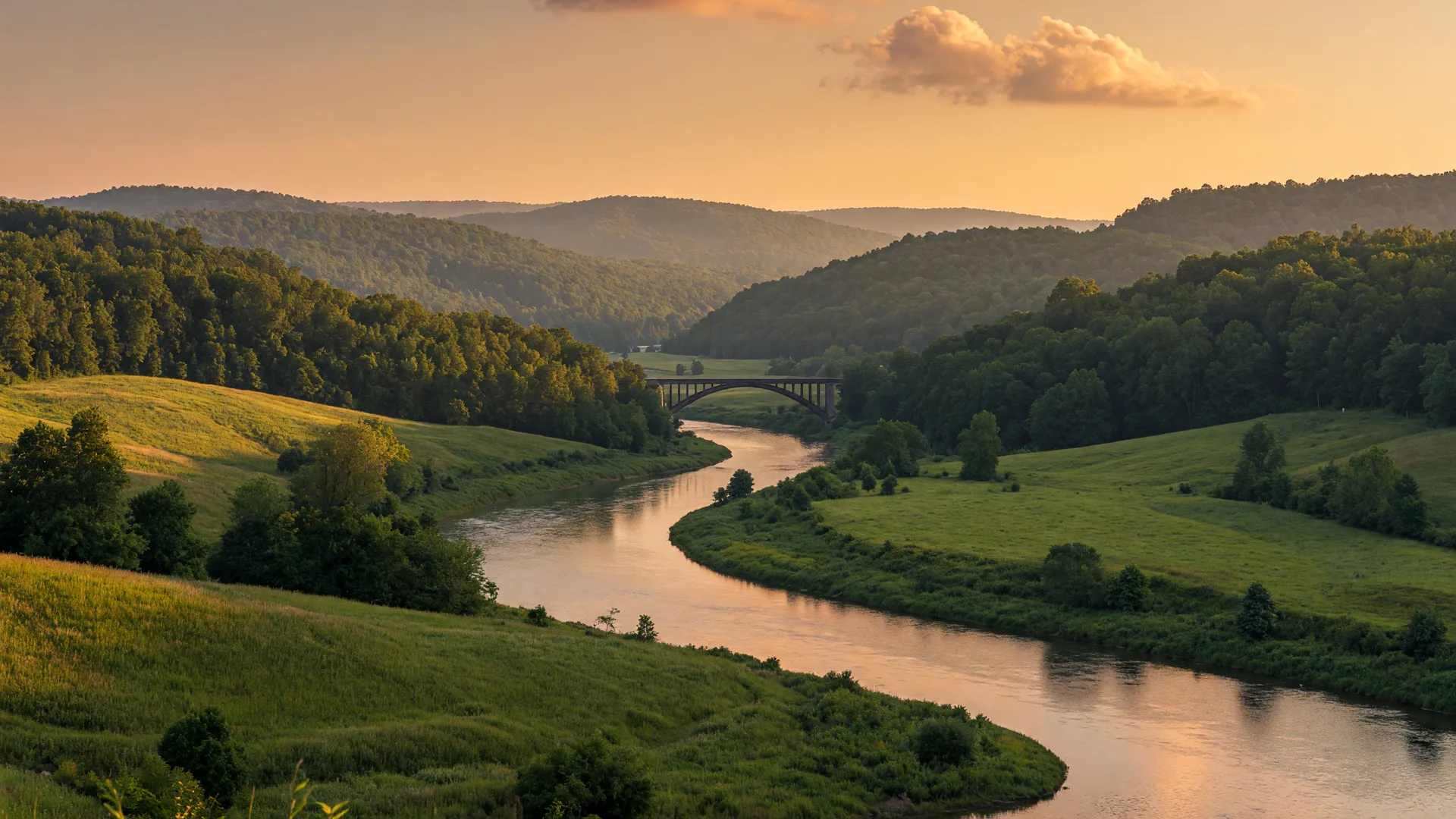 Rolling green Cuyahoga Valley hills in Summit County Ohio at golden hour