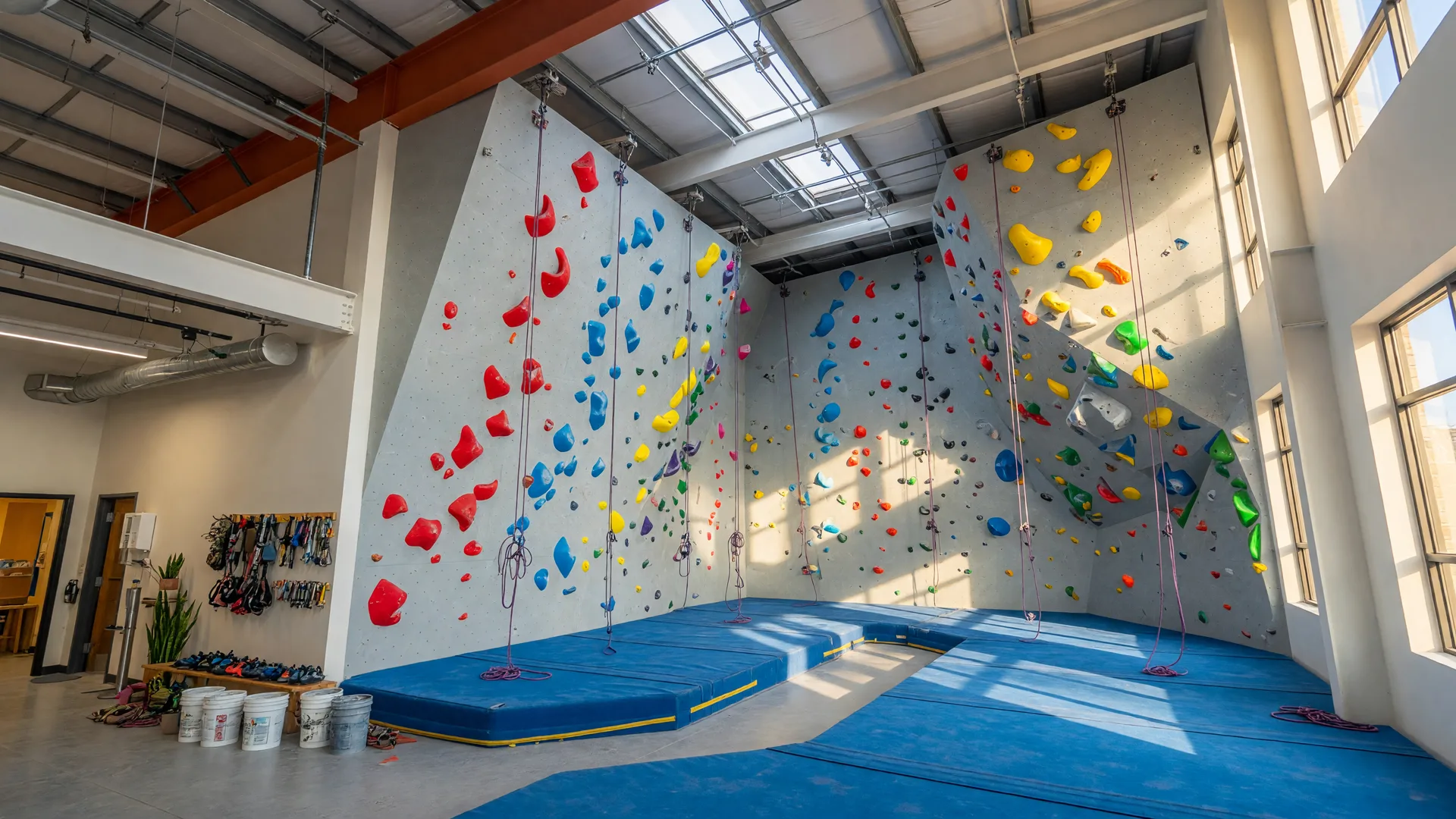 Bright indoor climbing gym in Albuquerque with tall walls covered in colorful holds, auto-belay ropes, and cushioned pads under natural skylights