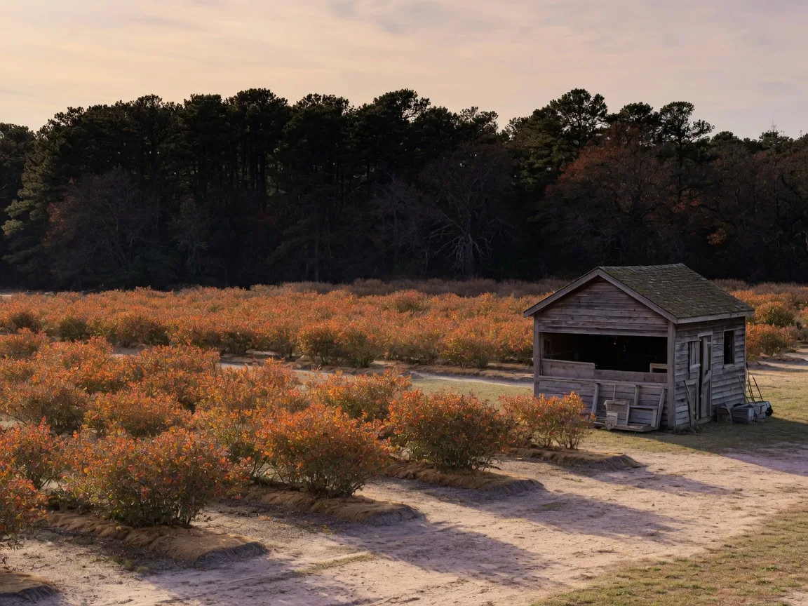 A blueberry farm at the edge of the New Jersey Pine Barrens in late autumn, representative of the agricultural landscape around Mullica Township