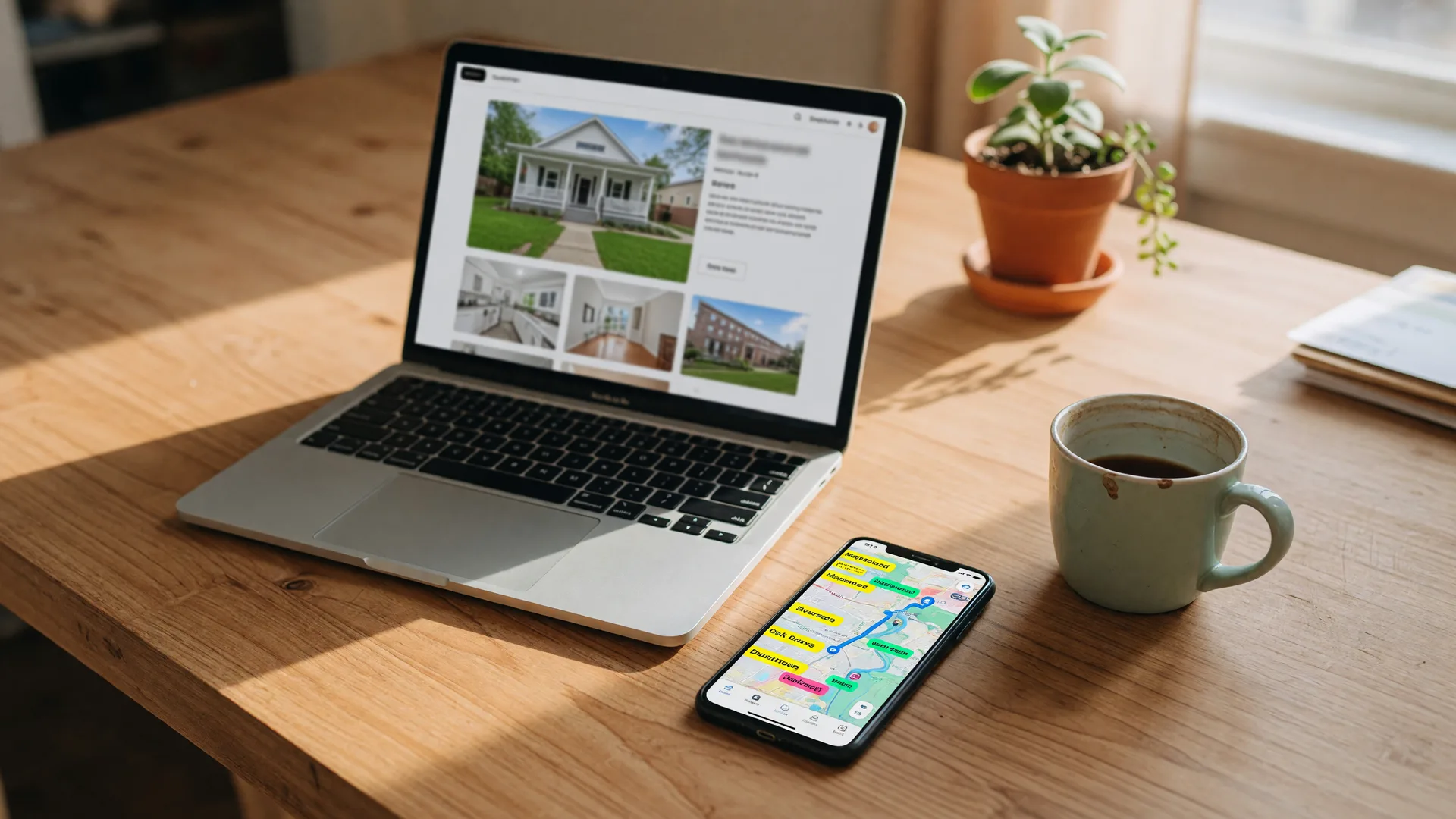 Laptop showing a real estate listing and smartphone with a neighborhood map on a wooden table with a coffee mug