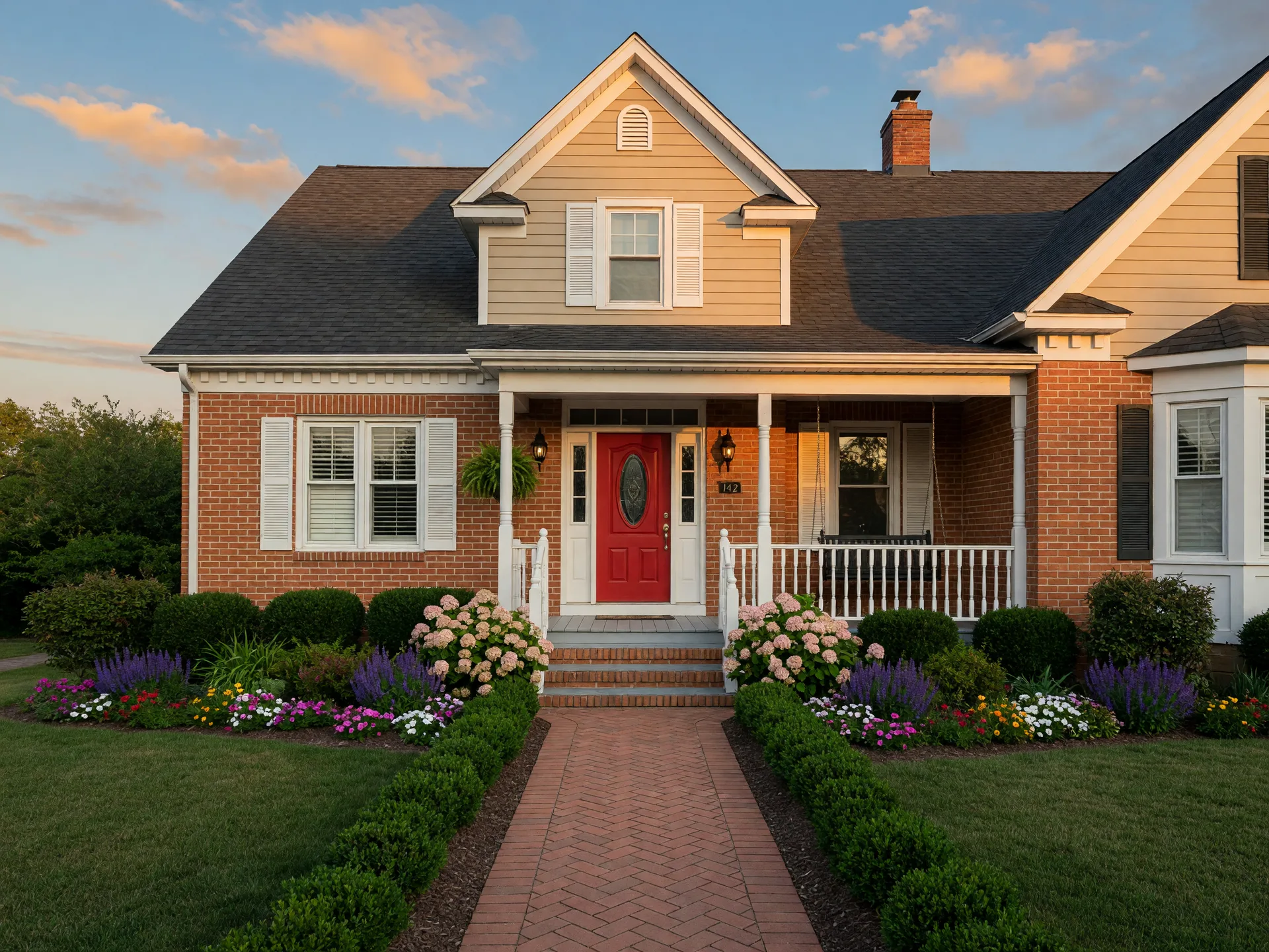 A charming home exterior with fresh landscaping in golden-hour light