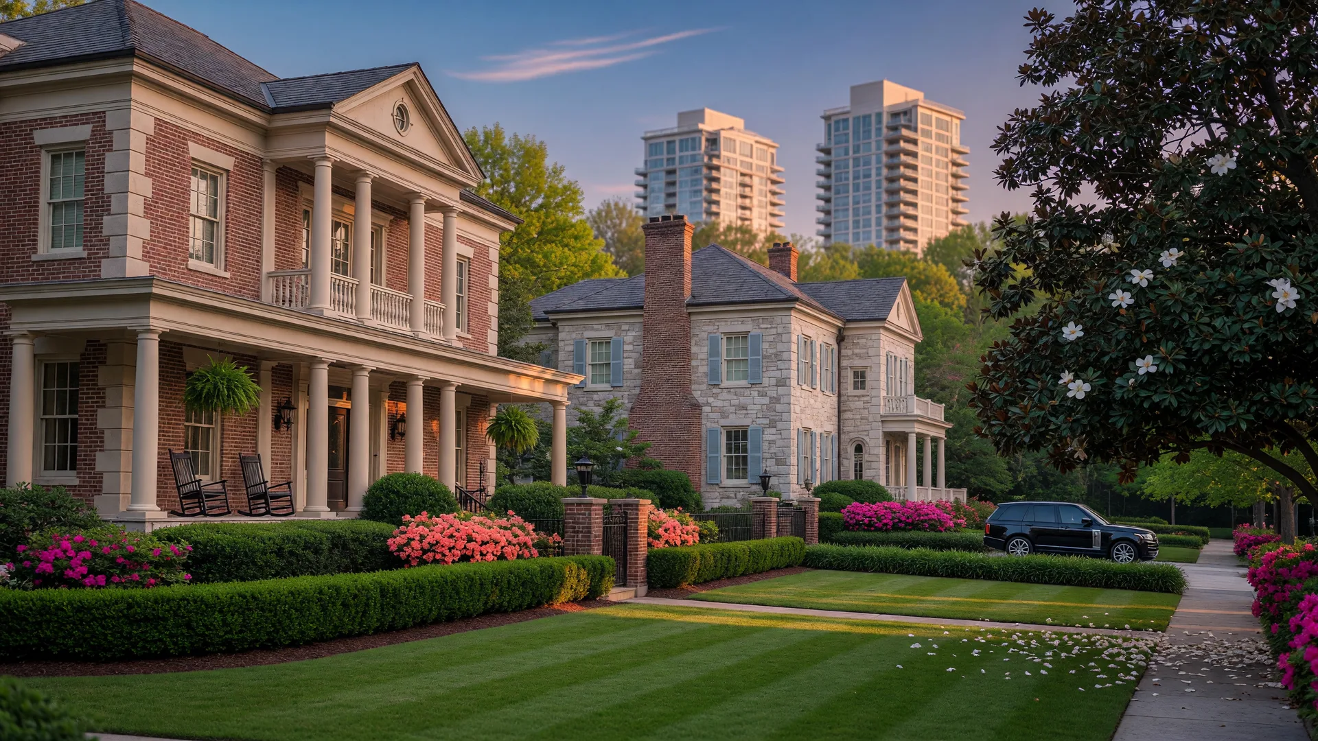 upscale homes in Buckhead at golden hour