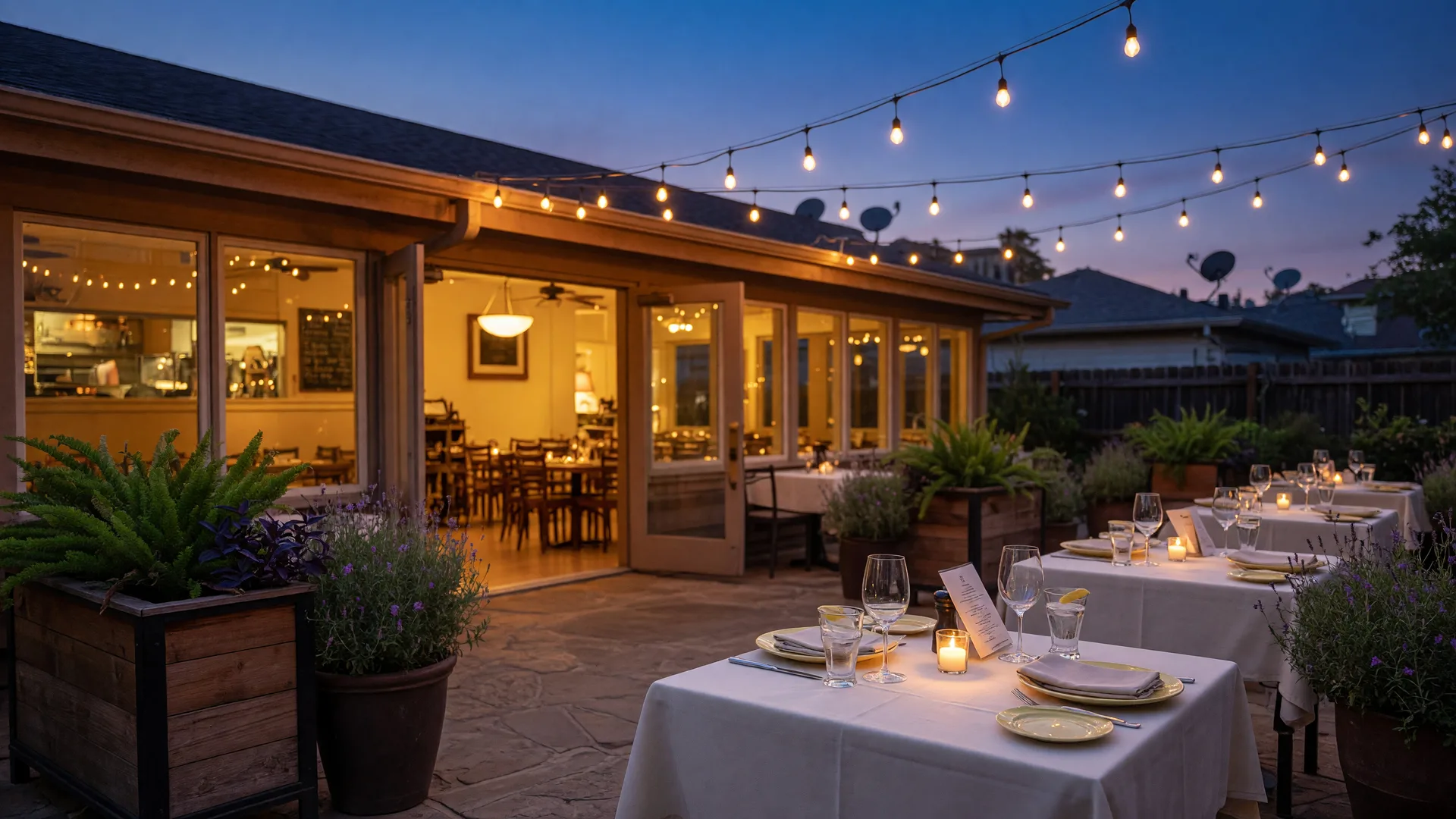 A wide editorial photograph of an inviting family restaurant patio at dusk with warm string lights, set tables, and glowing windows, in a Texas suburb