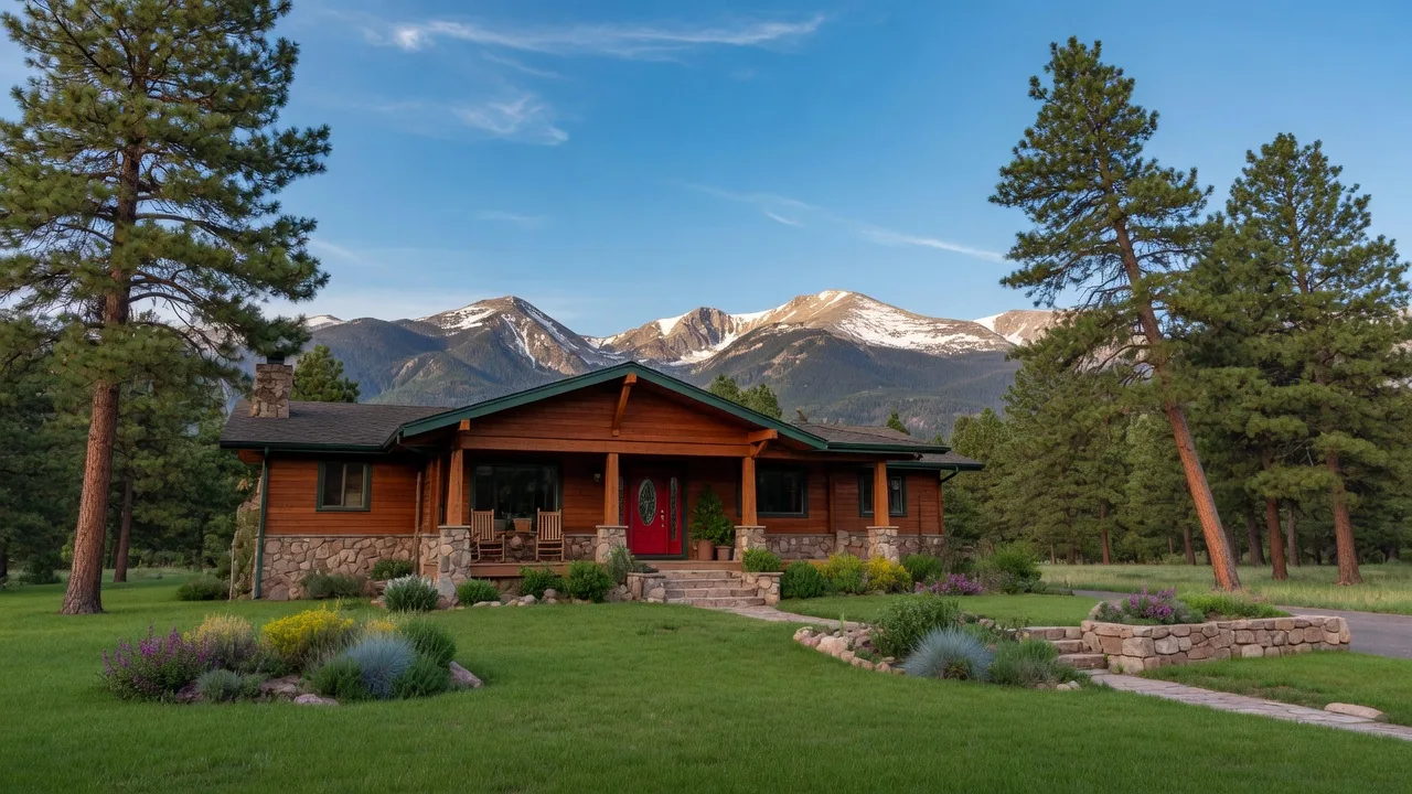 Craftsman ranch home in Black Forest, Colorado, framed by Ponderosa pines with the Rocky Mountain foothills in the background