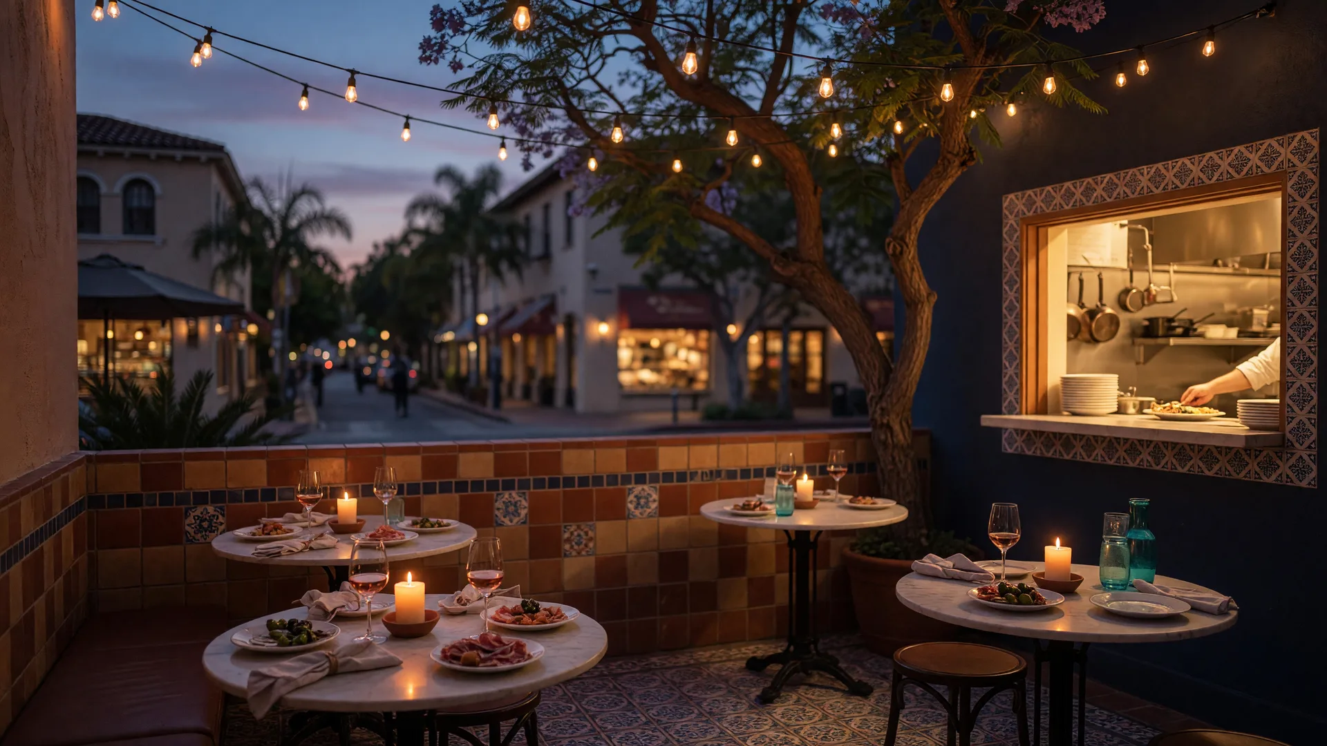 A cozy Pasadena restaurant patio at dusk with string lights and candlelit bistro tables