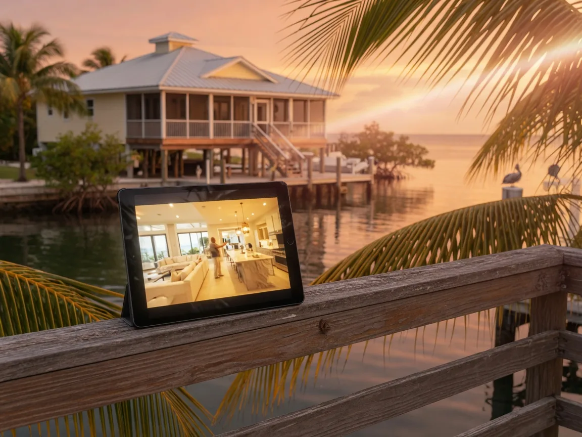 A tablet propped on a teak dock railing in the Florida Keys, the screen showing a bright video walkthrough of a luxury waterfront home, a calm deep-water canal and an elevated metal-roofed Keys home blurred in the golden-hour background