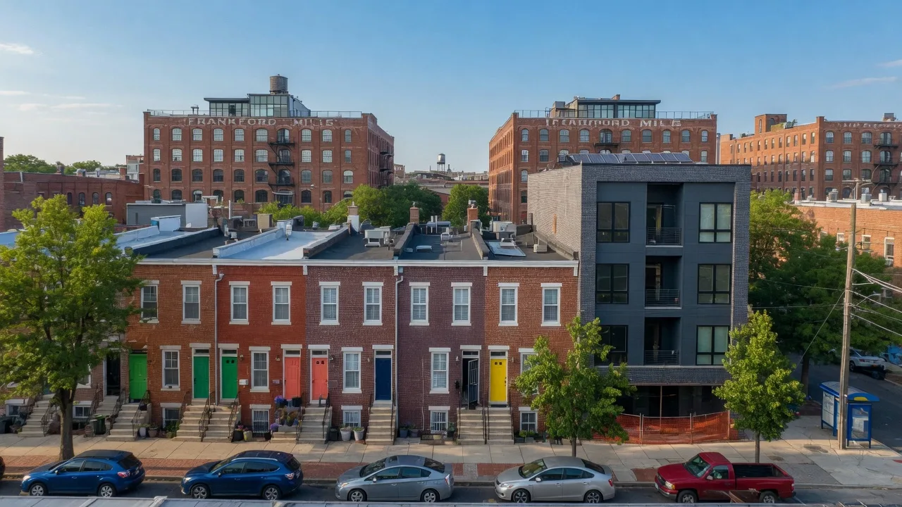 Fishtown real estate scene showing renovated Victorian brick rowhomes with colorful doors and newer mid-rise infill construction on a sunny Philadelphia street