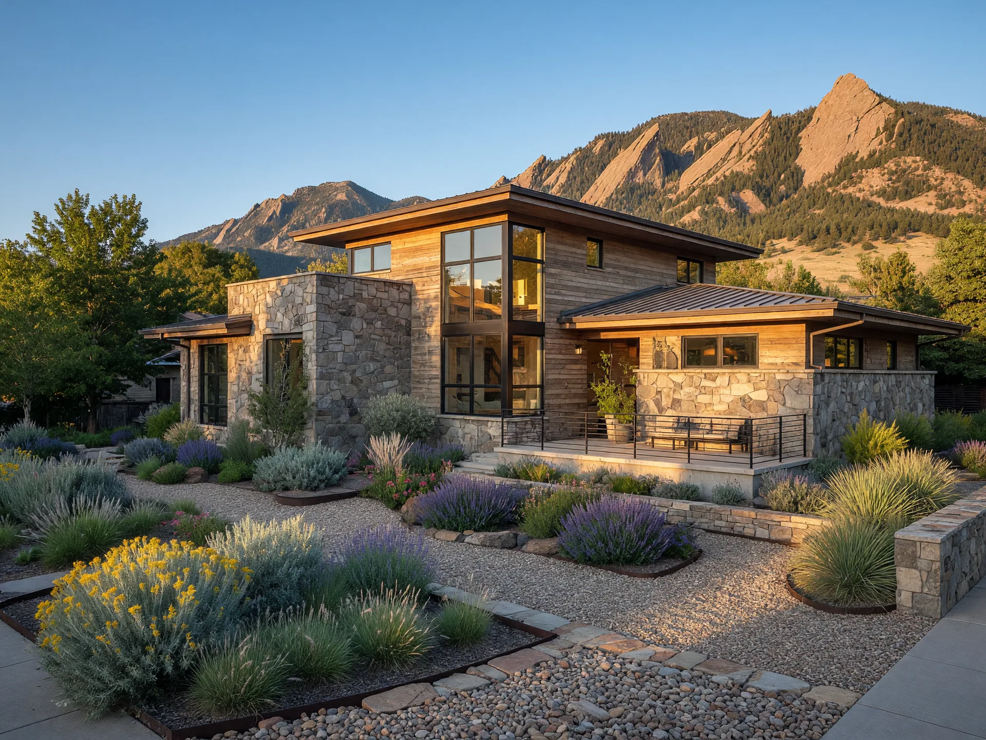 Contemporary modern home in the Renaissance neighborhood of south Boulder with native Colorado landscaping