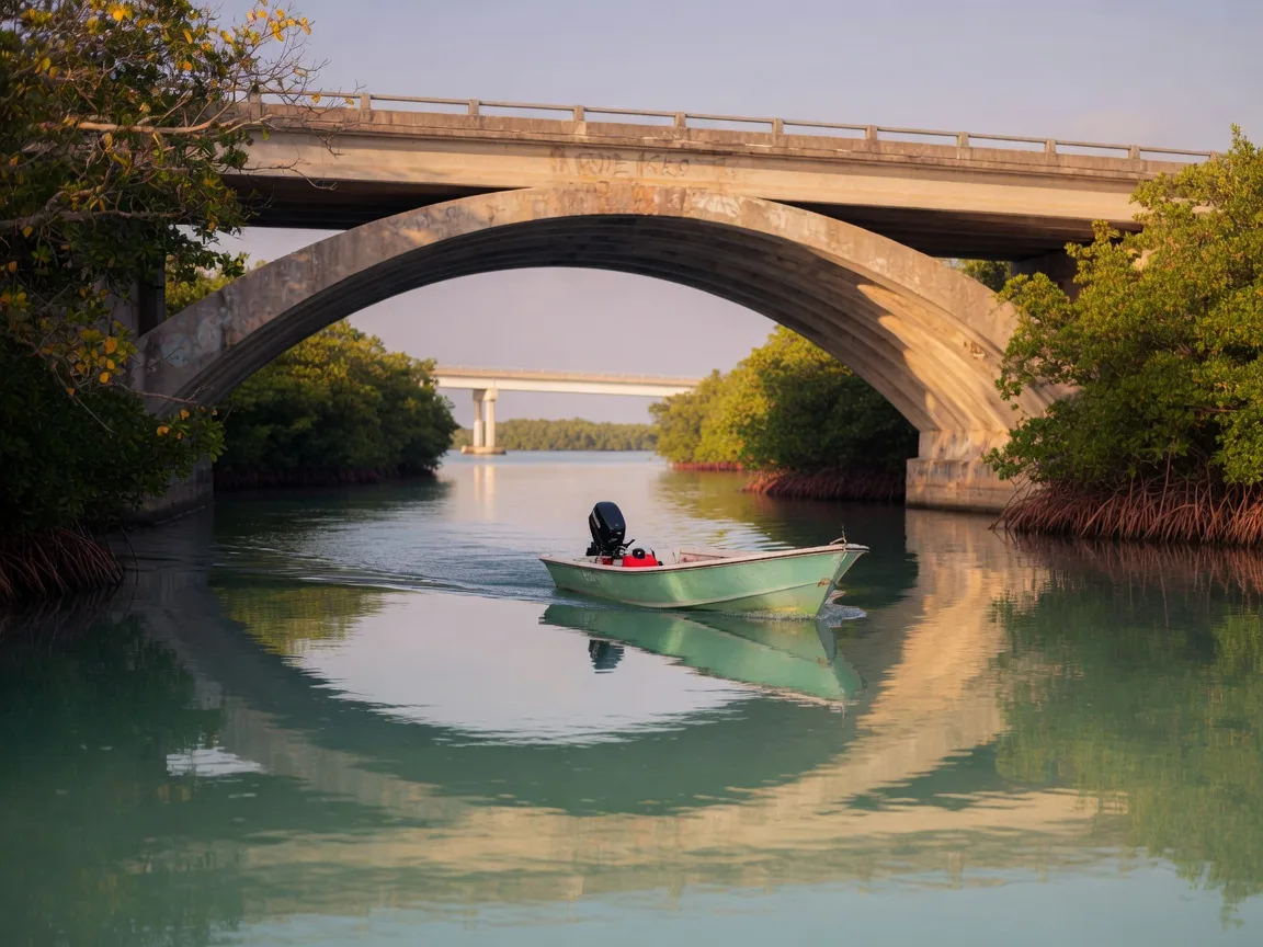 A small outboard runabout boat gliding beneath the arch of a low Florida Keys highway bridge over a calm turquoise channel at late afternoon, mangrove-lined banks and glassy water in soft warm light