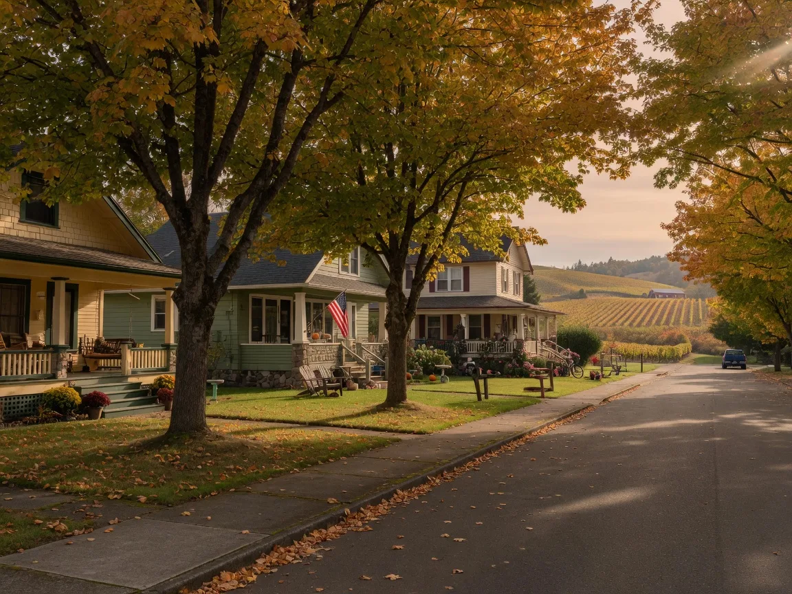 A leafy Newberg residential street with Craftsman and bungalow porches beneath mature maples, vineyard hills at the end of the block