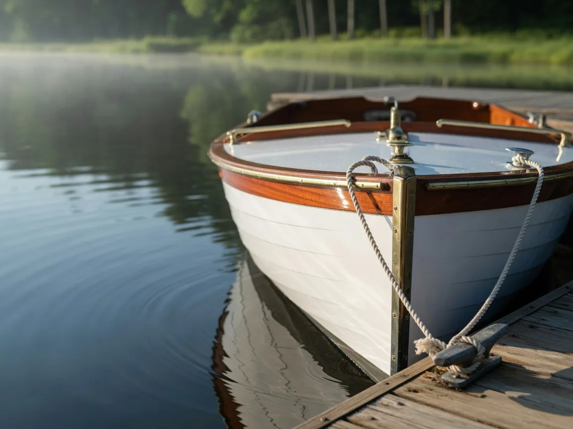 Bow of a white runabout moored at a private dock on Lake Norman in morning light