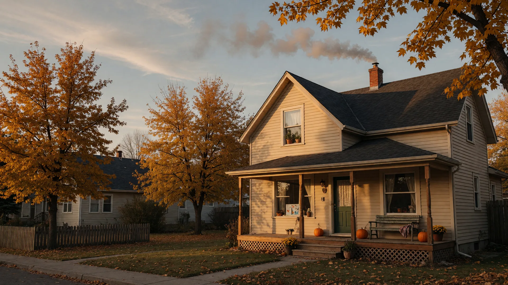 Warm family home exterior in Calgary at golden hour with amber maples and a welcoming front porch