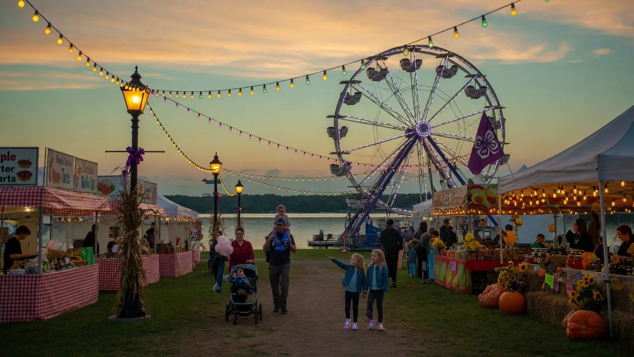 A small-town Ontario agricultural fair at dusk with a glowing carnival midway and Ferris wheel near a lakeside heritage street
