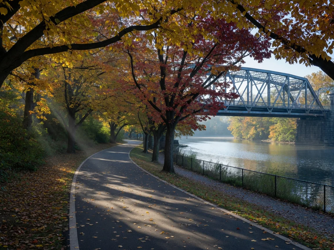Paved multi-use trail along the Schuylkill River in early fall with golden leaves and a steel truss bridge in the distance