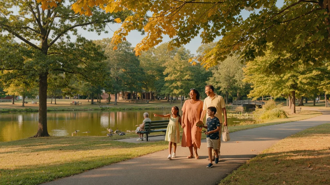 A family walking through a tree-lined park in Essex County NJ on a warm late-summer afternoon