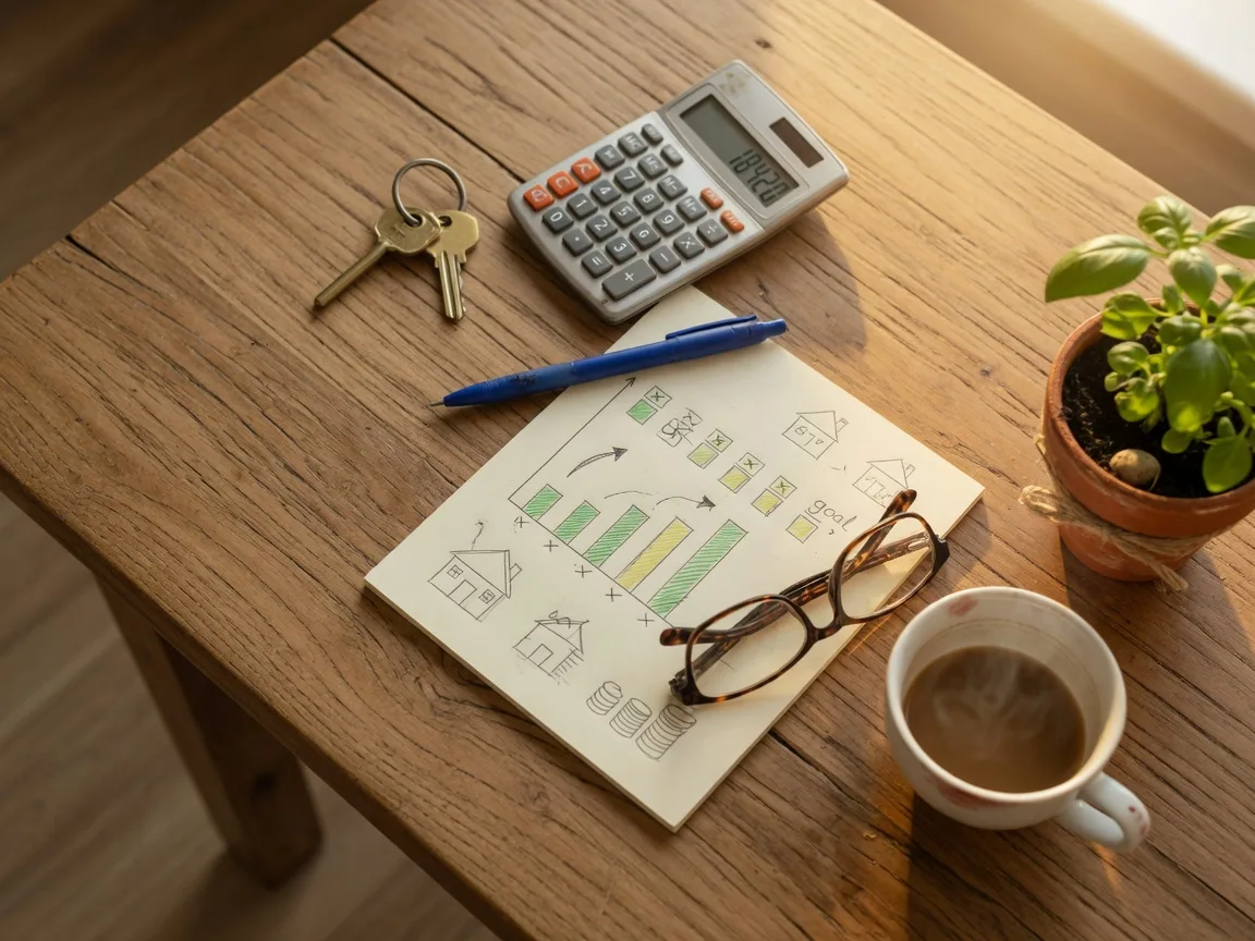 Flat-lay of home-buying planning on a farmhouse table with a brass house key, calculator, notepad with a savings chart, pen, coffee, and a small potted plant