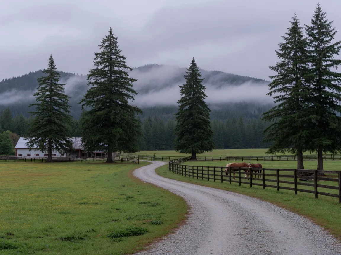 Rural foothills landscape near Ravensdale, Washington with evergreens and green fields