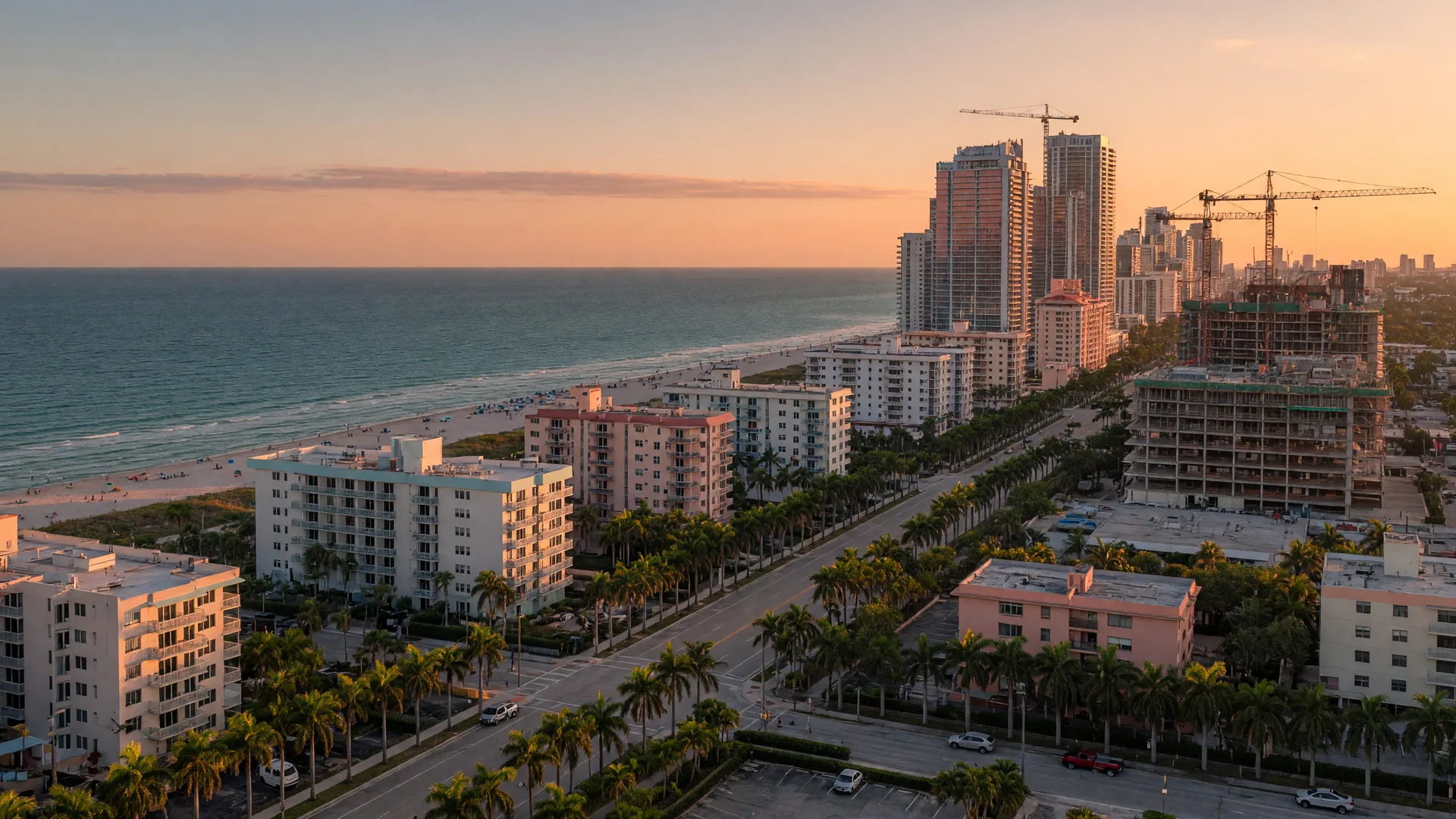 South Florida coastal skyline at golden hour with construction cranes rising above mid-rise towers