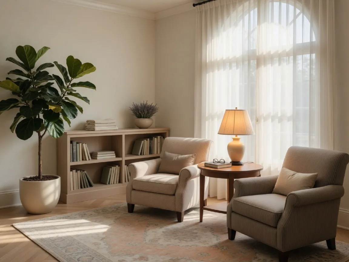 A bright reading nook in a senior living community with armchairs by tall windows