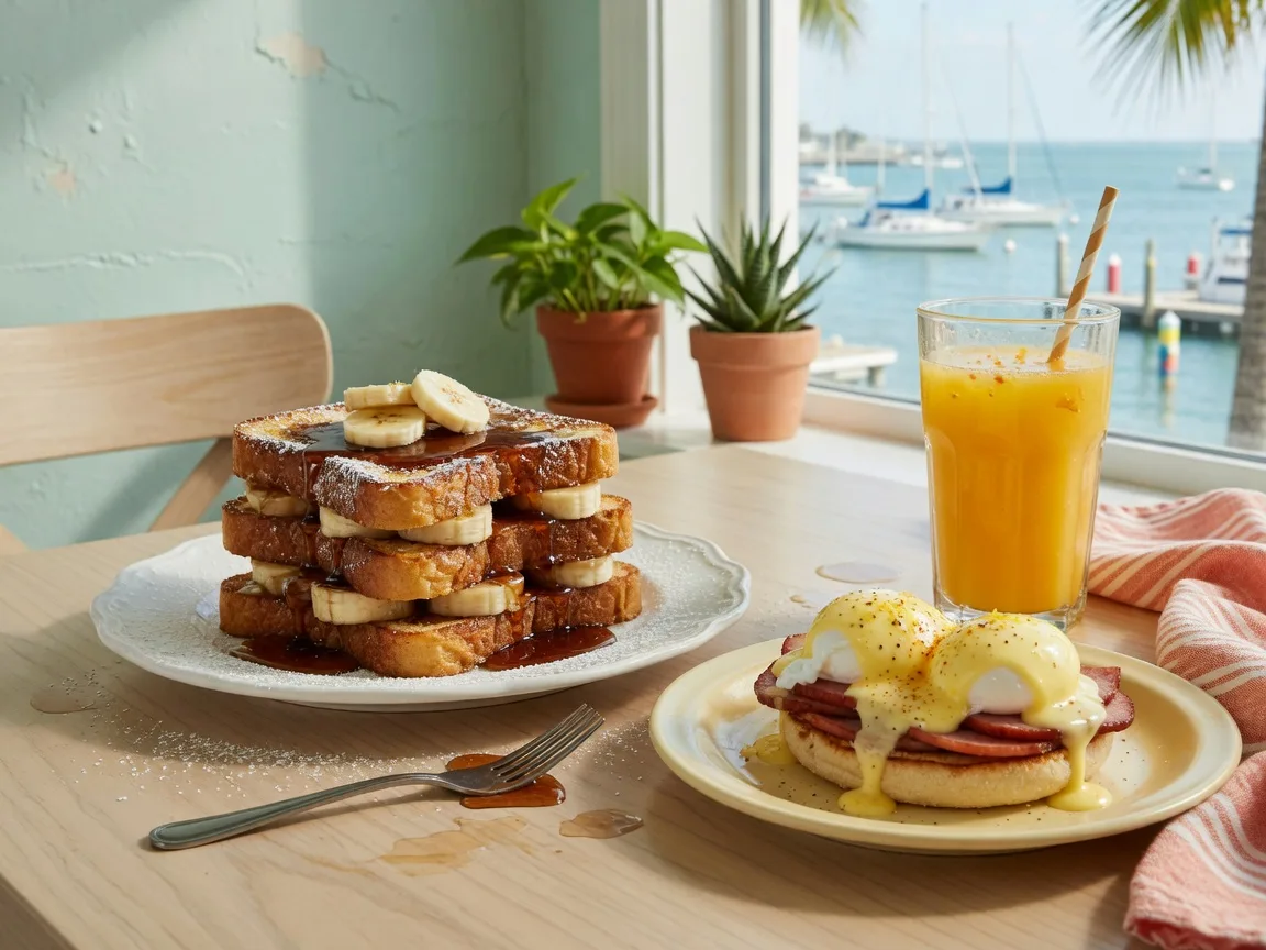 Classic American brunch spread in a bright coastal Florida cafe: banana-stuffed French toast with powdered sugar, eggs Benedict with hollandaise, and a glass of fresh-squeezed orange juice