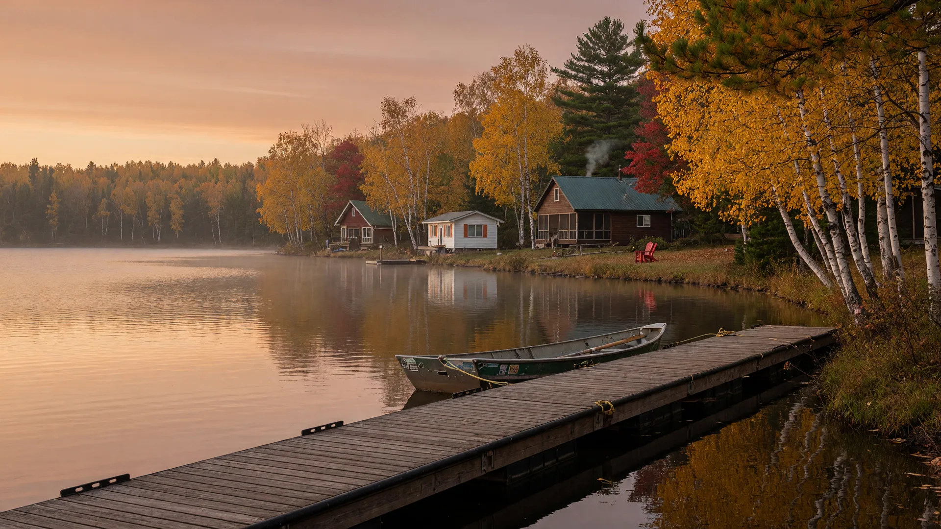 Calm autumn lake in central Minnesota with a wooden dock and boat in golden light