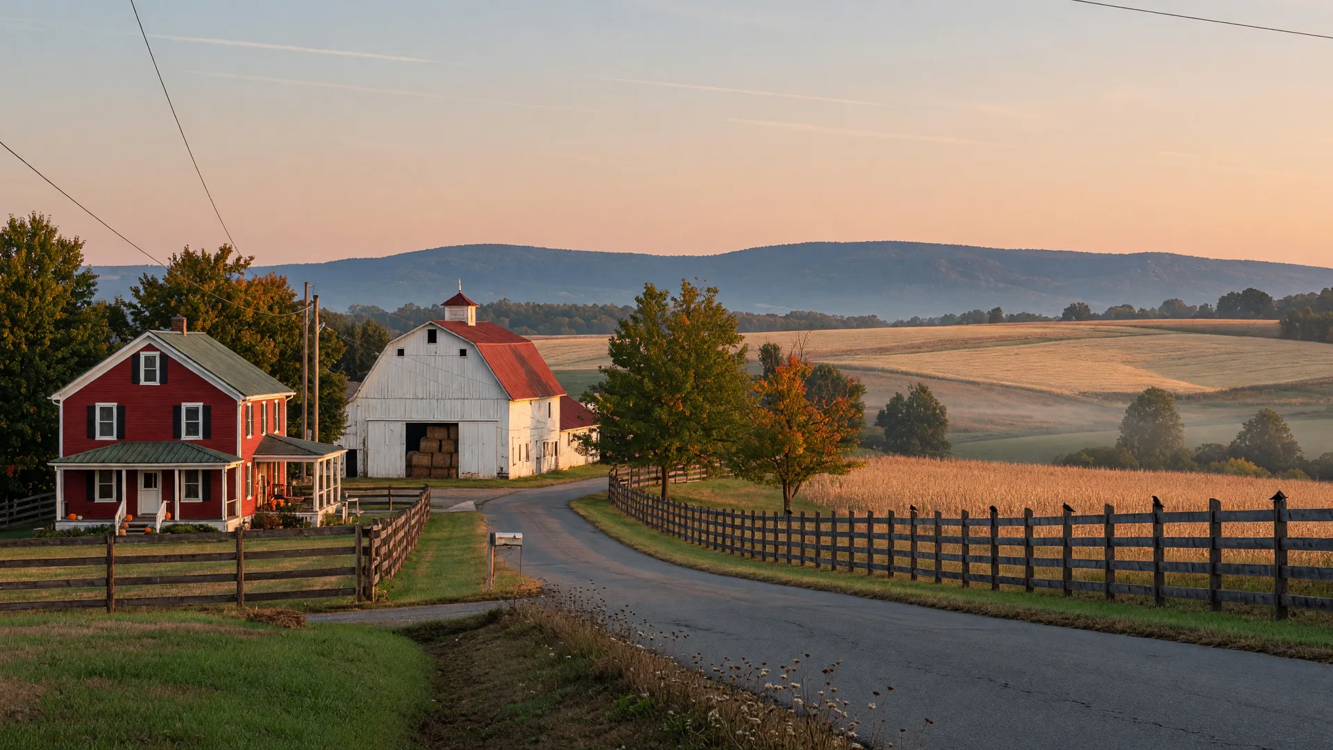 Golden mid-September light on a rural Lehigh Valley road with a red farmhouse, white barn, and the Blue Mountain ridge on the horizon
