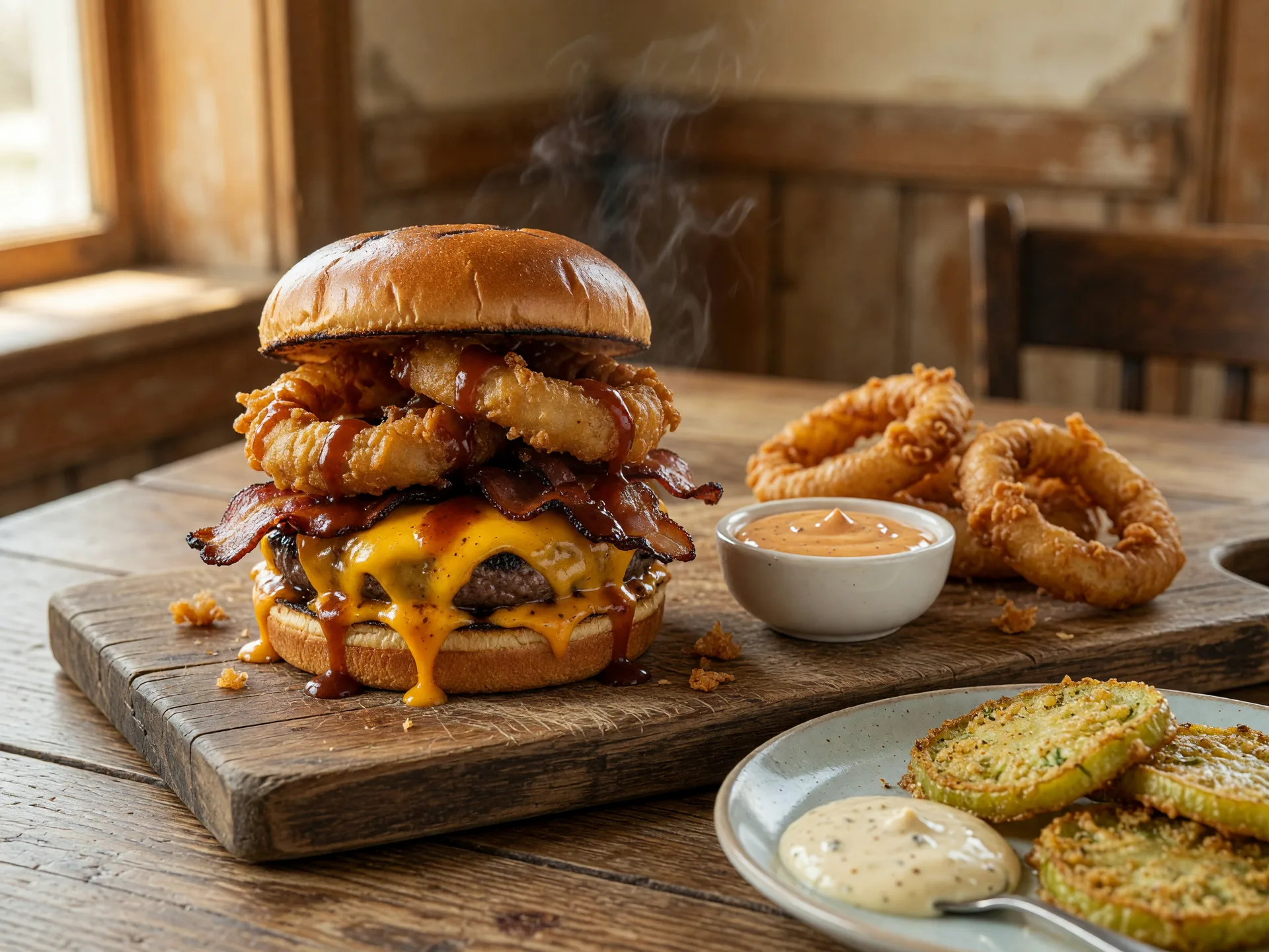 A char-grilled burger stacked with cheddar, bacon, and onion rings, served with beer-battered onion rings and fried green tomatoes at Cul's Courthouse Grille