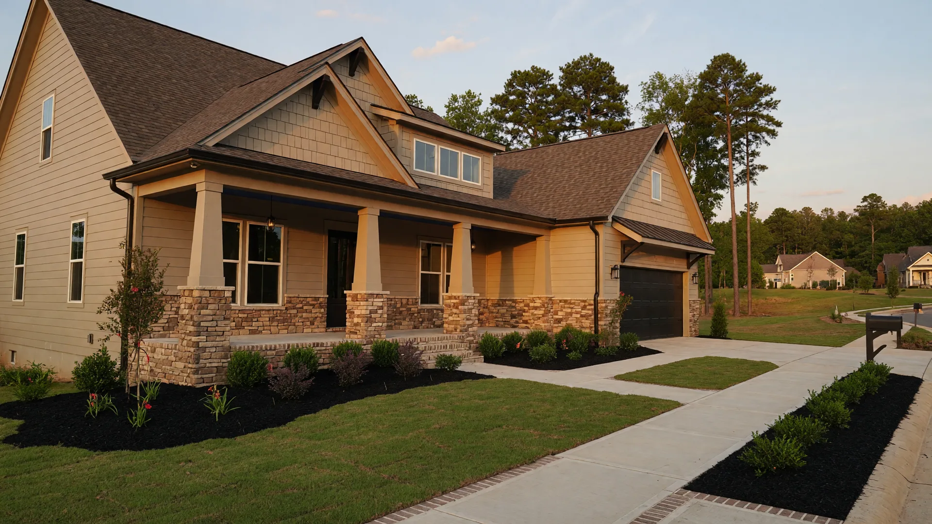 New construction craftsman homes in the Chelsea area with Shelby County rolling terrain and pine trees