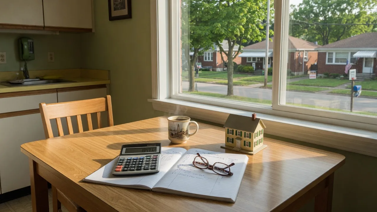 A bright editorial photograph of a retirement budget planning scene at a kitchen table in a Northwest Indiana ranch home with a notebook, calculator, reading glasses, and a small wooden model house