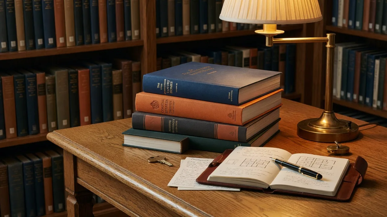 Stack of real estate guides and resources on a library table