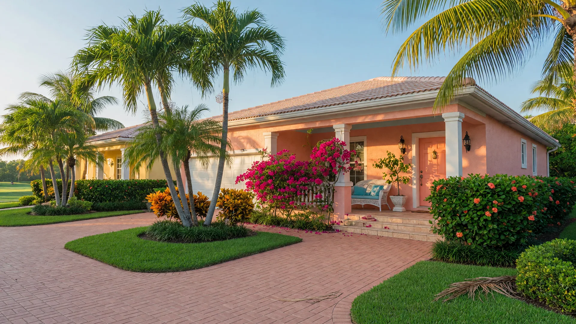 Single-story villa home in a Palm Beach County active adult community with tropical landscaping and a covered front porch.
