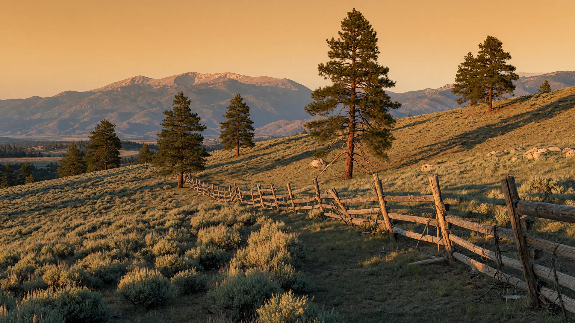Golden-hour view of the Sierra Nevada foothills near Carson City, Nevada, with ranch land, pines, and mountains in the distance.