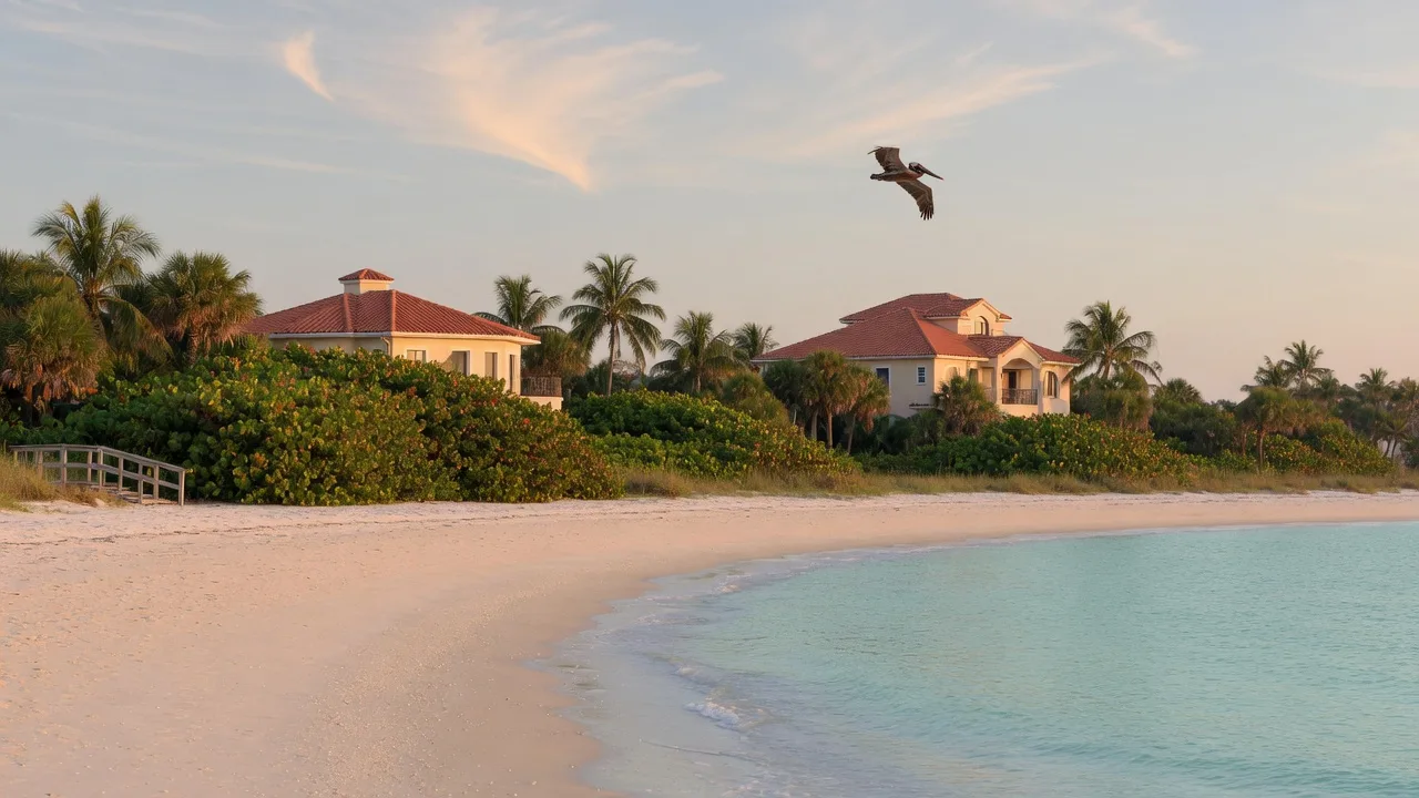 A quiet Gulf beach on Longboat Key, Florida at morning with low-rise Mediterranean rooftops among palms and calm turquoise water