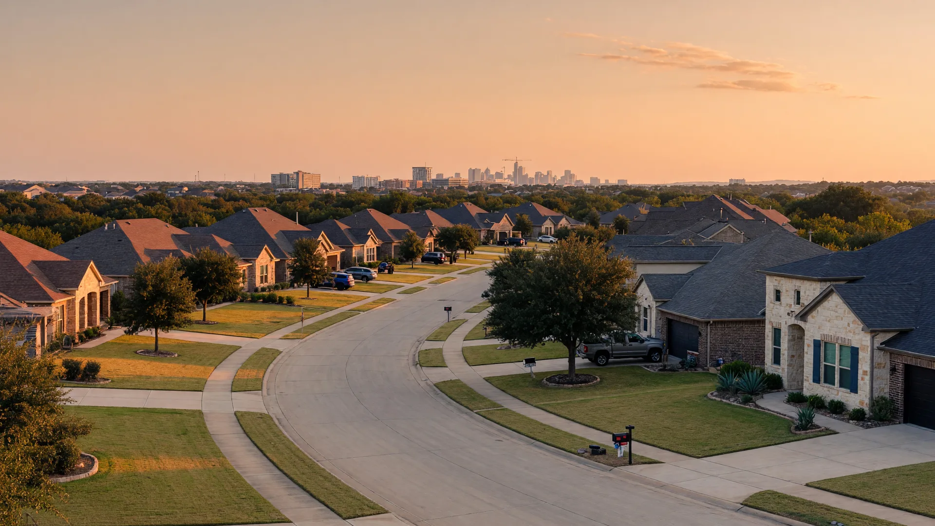 A sprawling modern Texas suburban street lined with single-story homes at golden hour, with a distant downtown skyline on the horizon