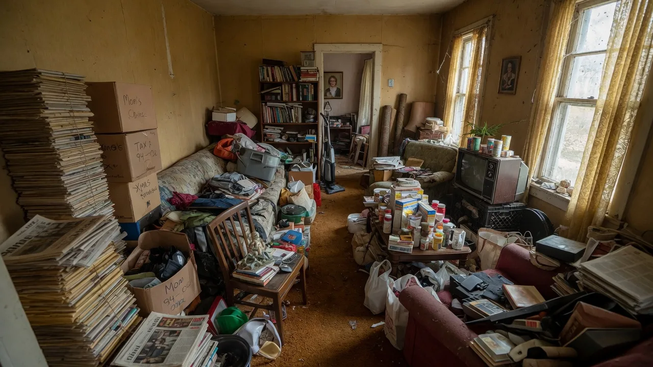 Cluttered living room in an inherited hoarder house with stacks of newspapers, boxes, and furniture piled to the ceiling